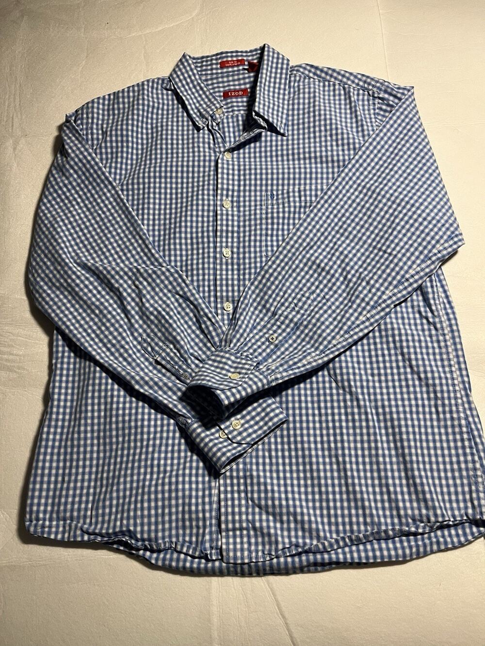 IZOD Men’s Large Blue White Gingham Plaid Slim Fit Long Sleeve Button Up Shirt